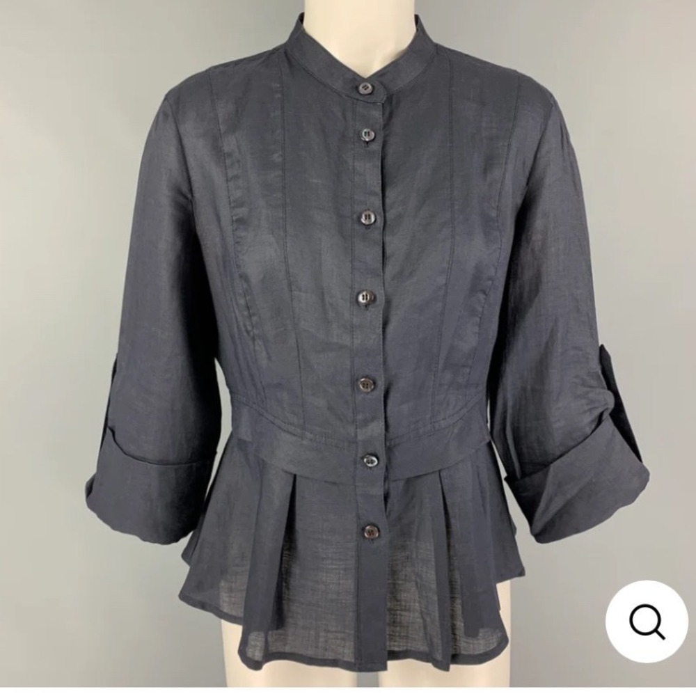 Armani Collezioni Black Linen/Viscose Blend Mandarin Collar Button Blouse Top